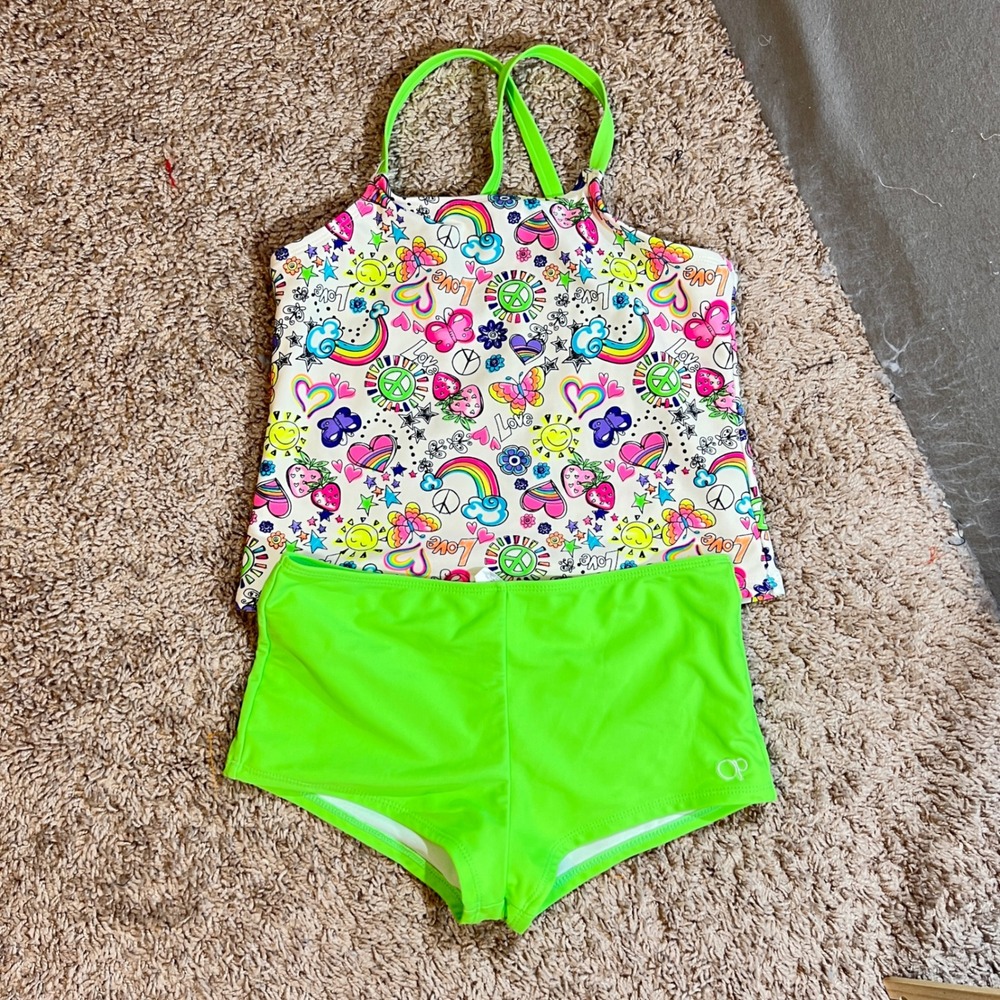 1091 | OP Ocean Pacific Neon Rainbow Peace Sign Tankini Swimsuit Girls XL/L